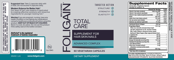 FOLIGAIN SUPPLÉMENT SOIN TOTAL pour cheveux clairsemés, peau et ongles 60 capsules végétariennes
