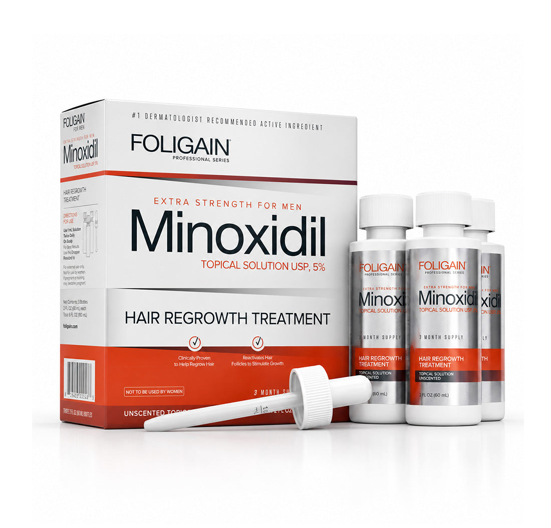 Traitement FOLIGAIN® au minoxidil 5 % faible en alcool pour la repousse des cheveux chez l’homme, cure de 3 mois 1